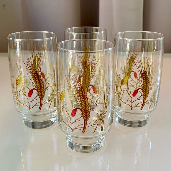Vintage Libbey Set of 4 Footed Tall Wheat and Grass Drinking Glasses - Picture 2 of 6